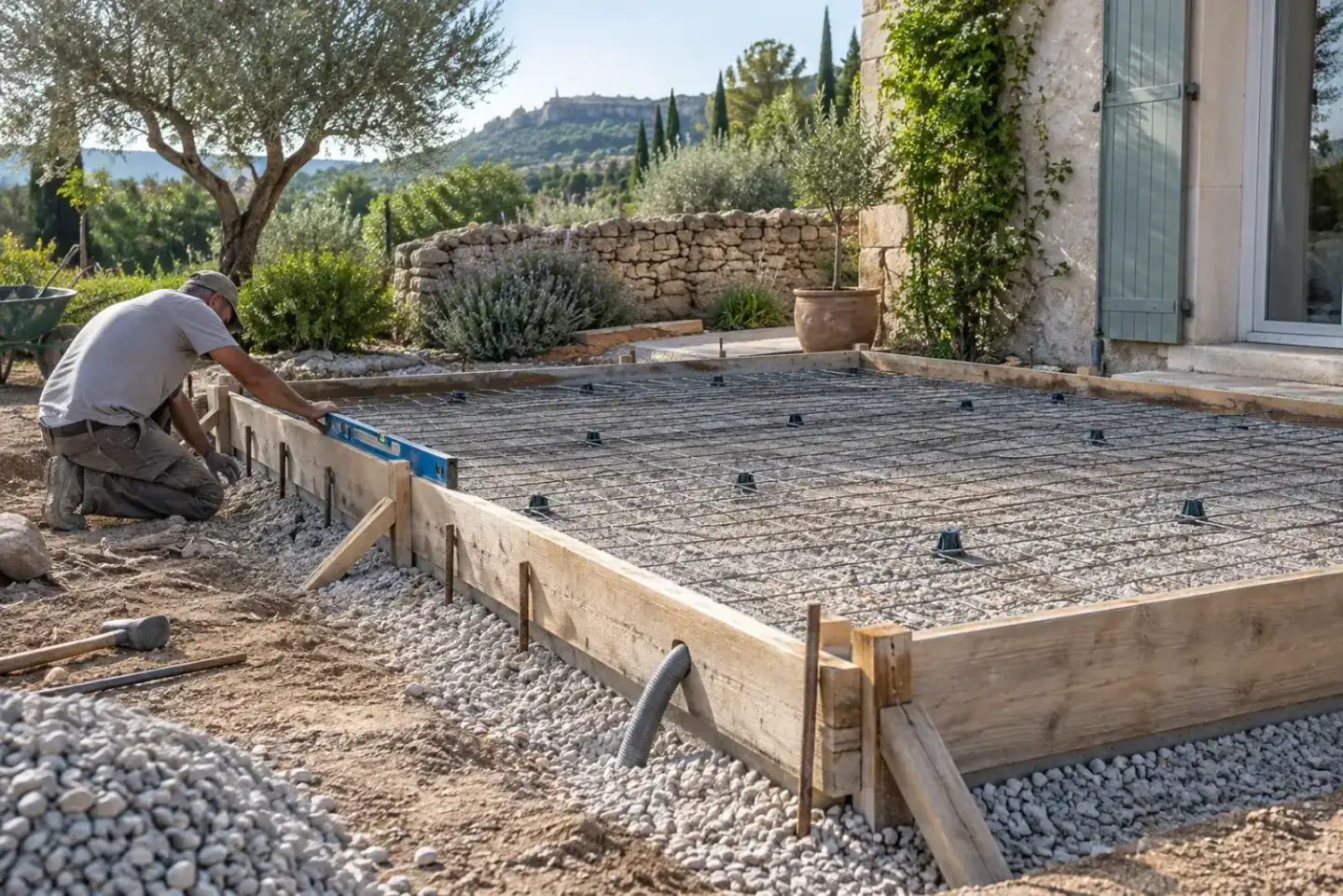 Coffrage, ferraillage et drainage préparés pour une petite dalle extérieure