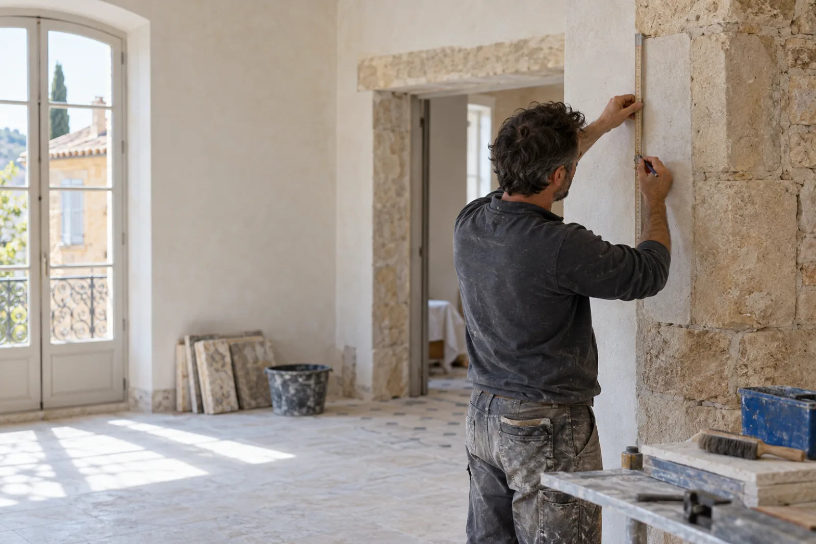 Maçon mesurant un mur ancien en pierre avant des travaux