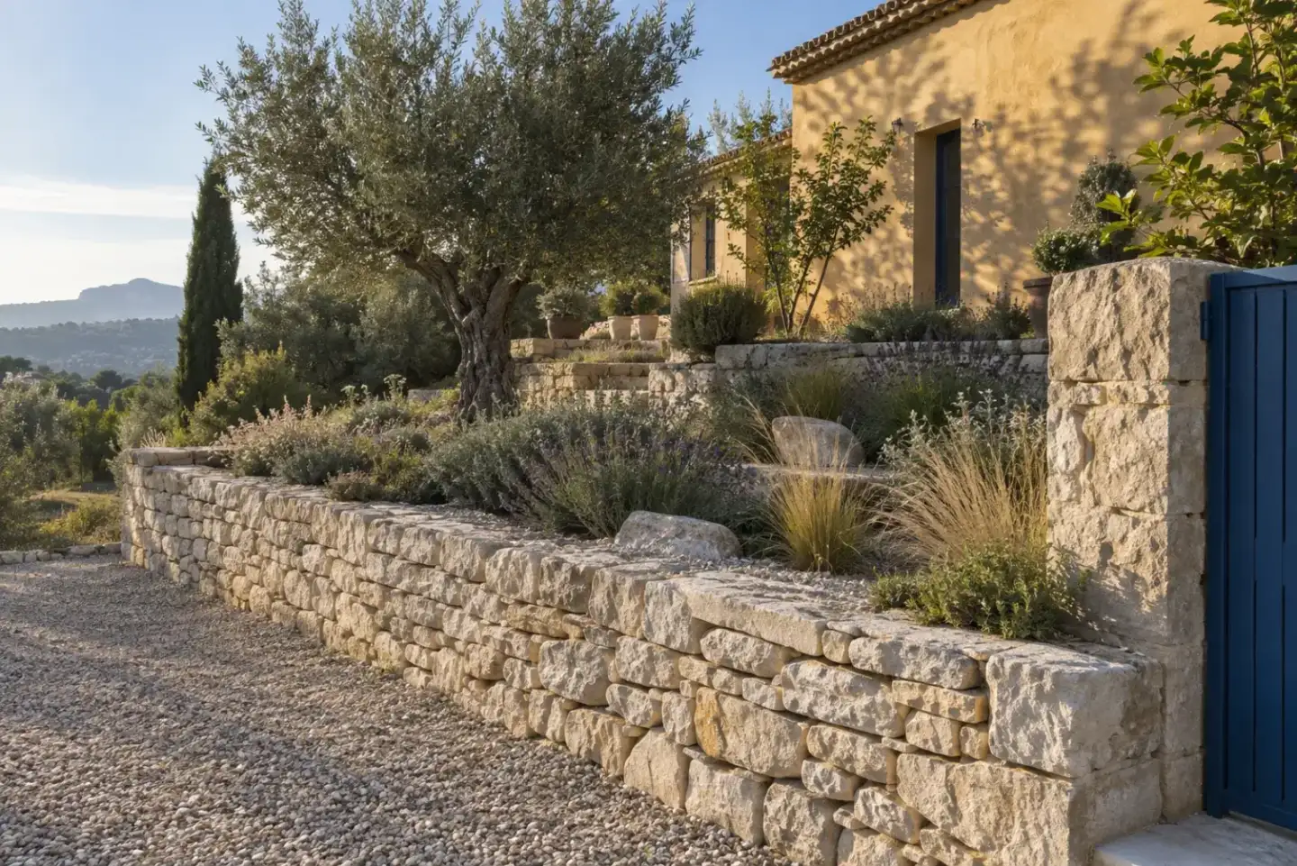 Mur bas en pierre et jardin en restanques près de Venelles