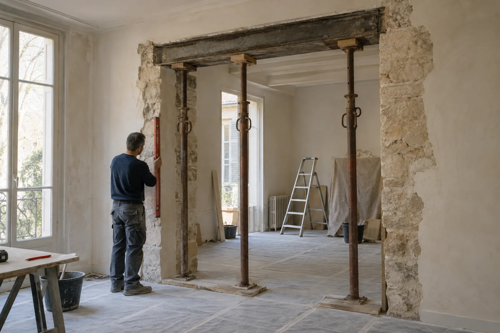 Ouverture maçonnée étayée et contrôlée au niveau dans un appartement ancien
