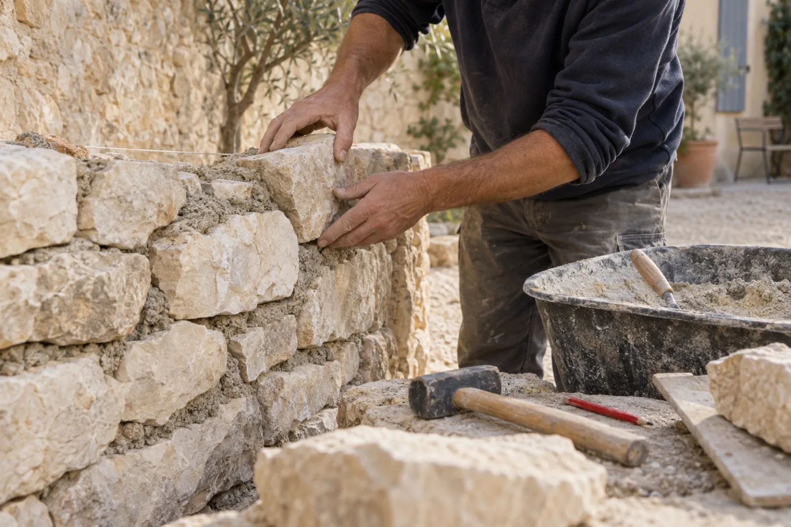 Main posant une pierre dans un petit mur maçonné au mortier
