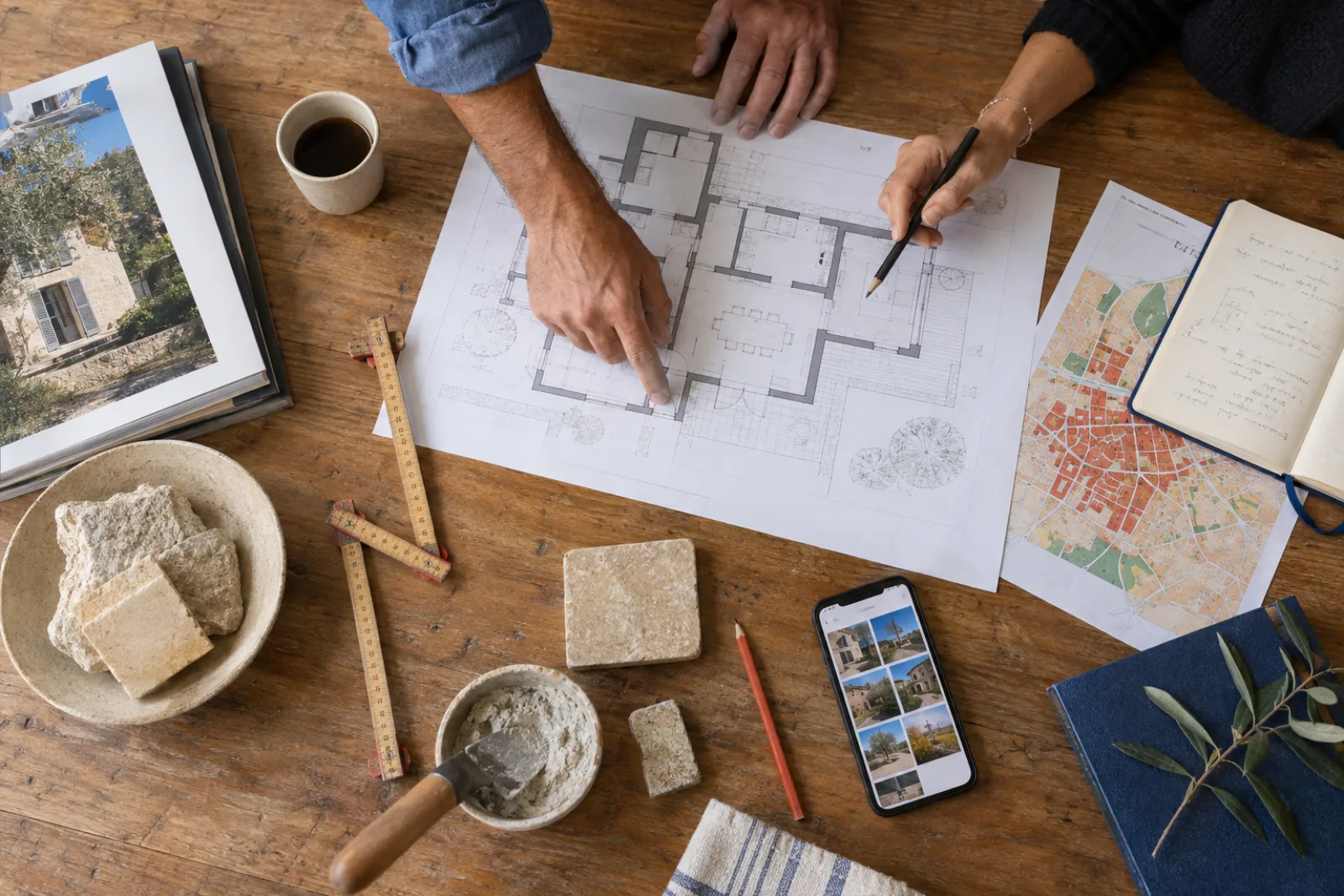 Dossier de préparation de travaux avec plan, carte et échantillons